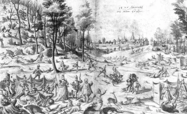 Wildschweinjagd bei Bebenhausen, Federzeichnung laviert, 1576