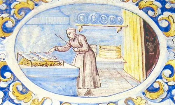 Mönch in der Klosterküche, Ofenkachel vom Ofen im Sommerrefektorium, Kloster Salem